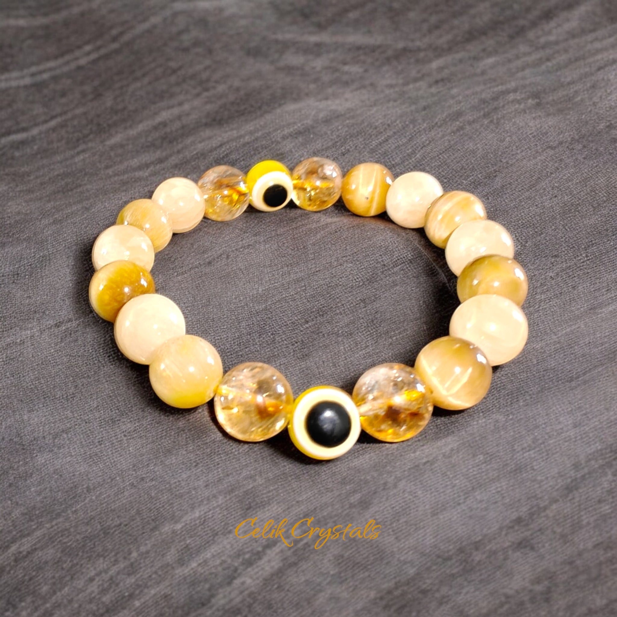 Yellow Evil Eye Bracelet with Citrine, Tiger Eye and Honey Calcite Natural Stones 10mm Unisex Stretch Bead Bracelet 