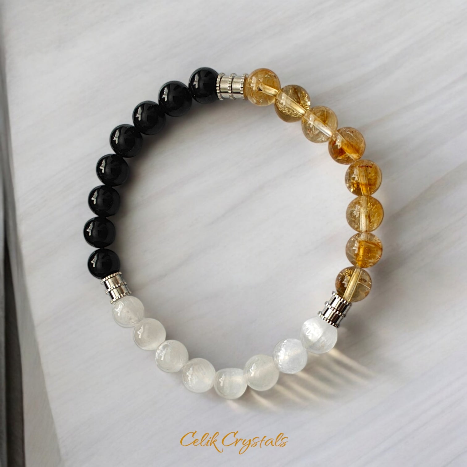 Selenite, Black Tourmaline and Citrine Bracelet with Stainless Steel Spacers 8mm Stretch Crystal Bead Bracelet 