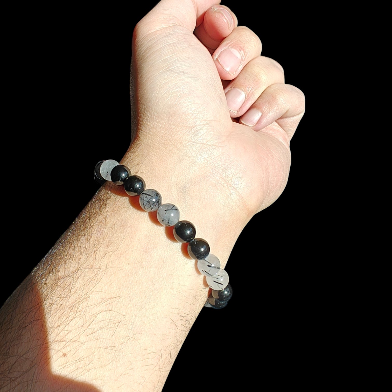 Black Tourmaline & Black Tourmaline Quartz Crystal Bracelet 8mm Unisex