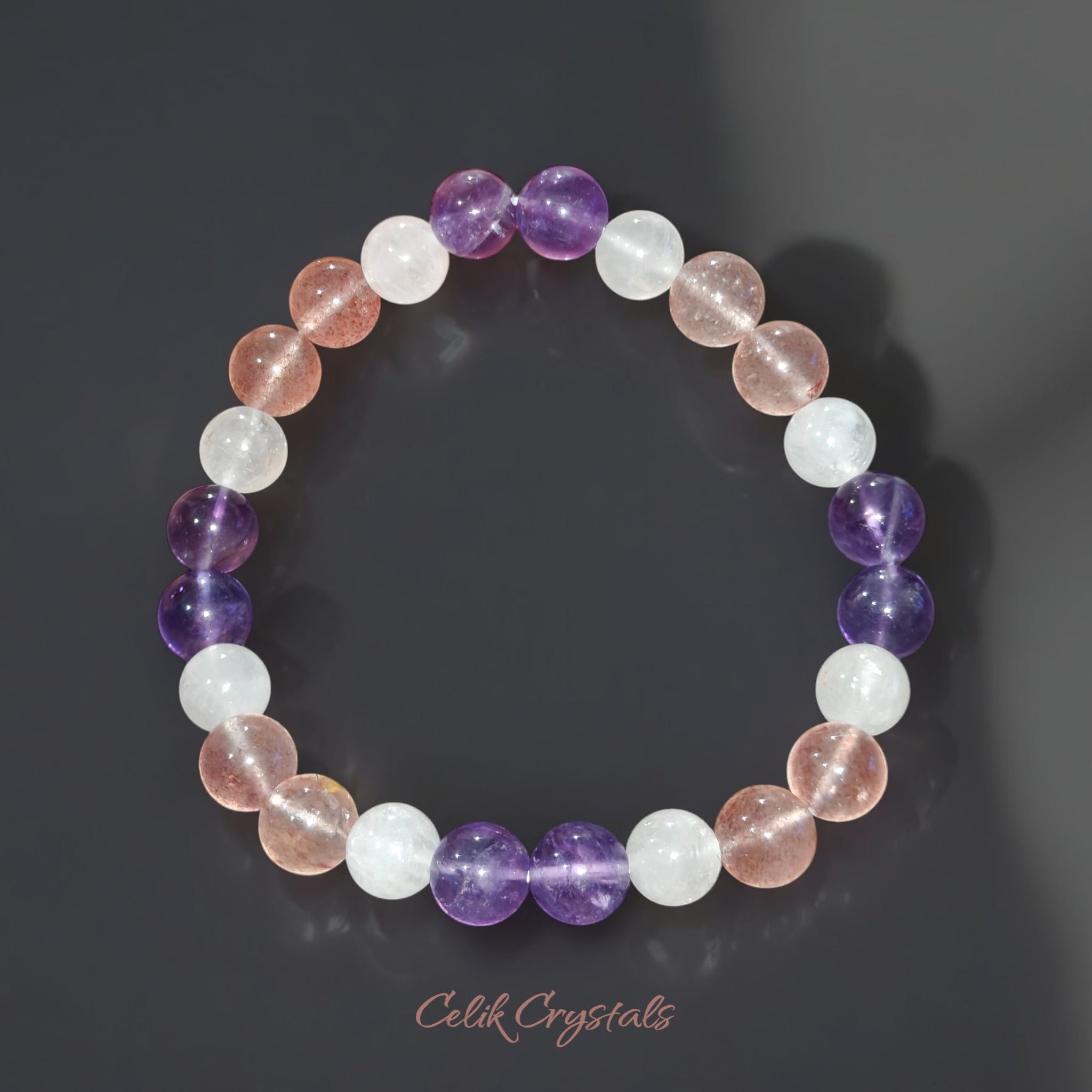 Purple Amethyst, Strawberry Quartz, White Quartz Bracelet Natural Stones 8mm Stretches 