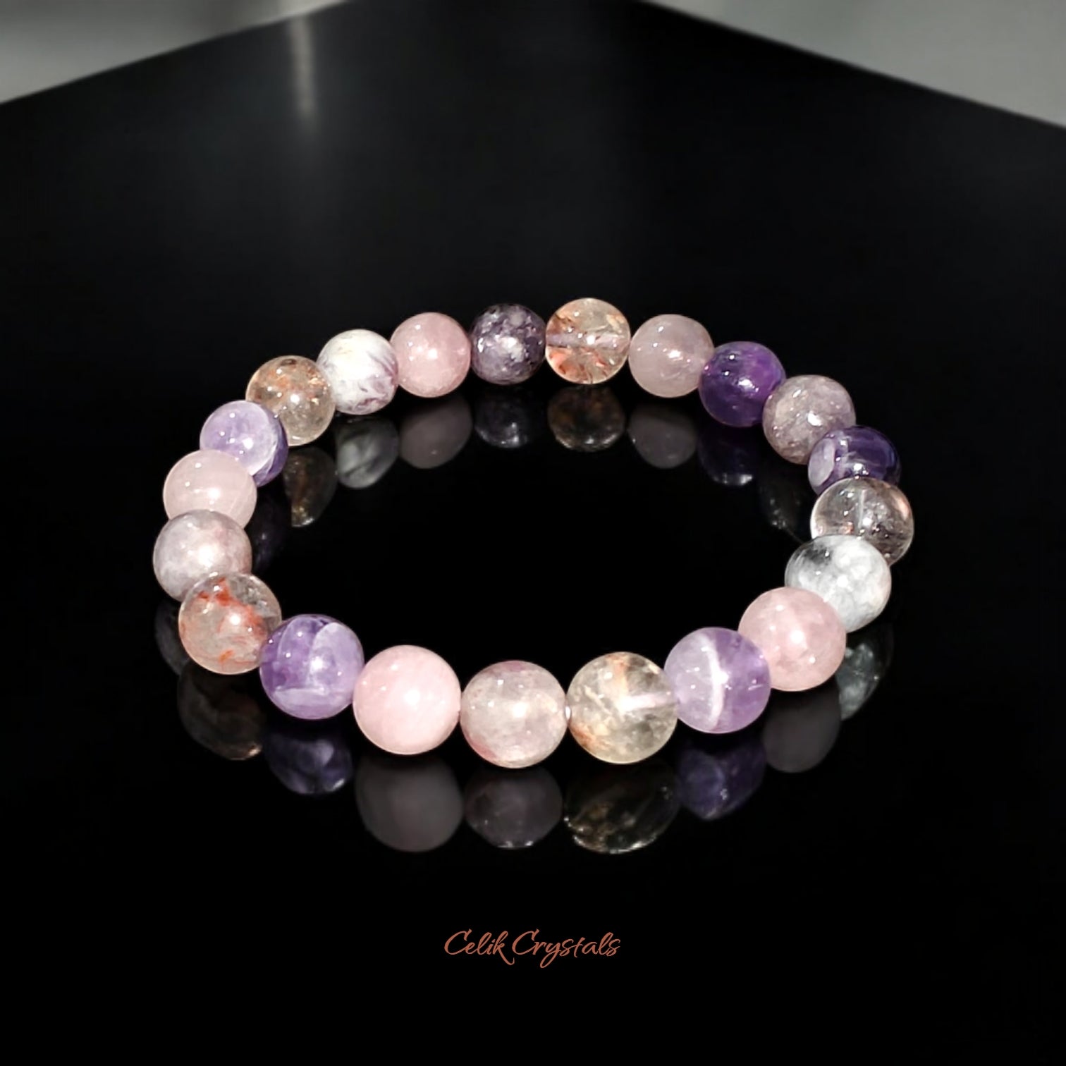 Amethyst and Quartz Purple Bracelet with natural stones 8mm beads