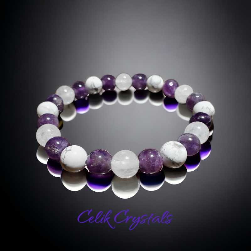 Amethyst / Selenite / Howlite Energy Healing Bracelet - 8 or 10mm Crystals