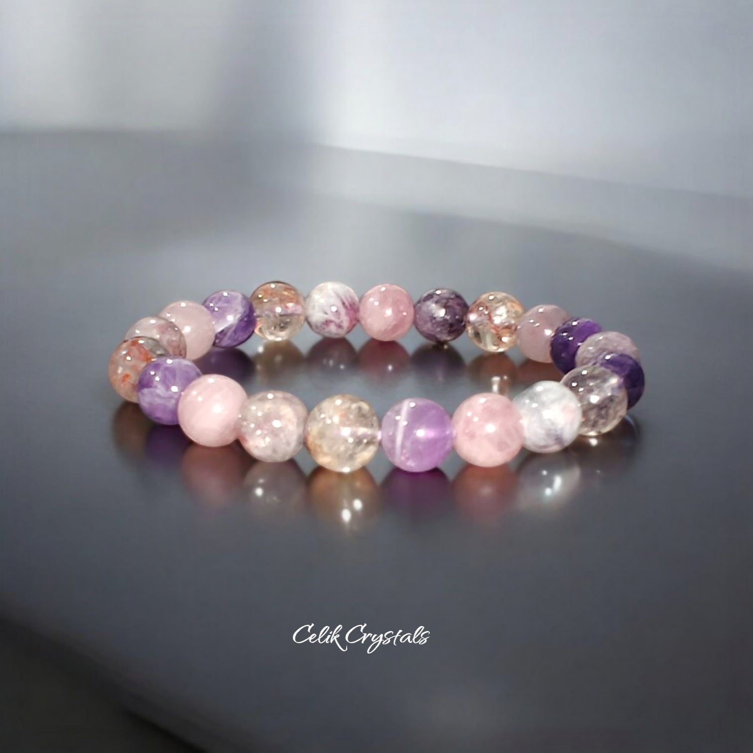 Amethyst and Quartz Purple Bracelet with natural stones 8mm beads