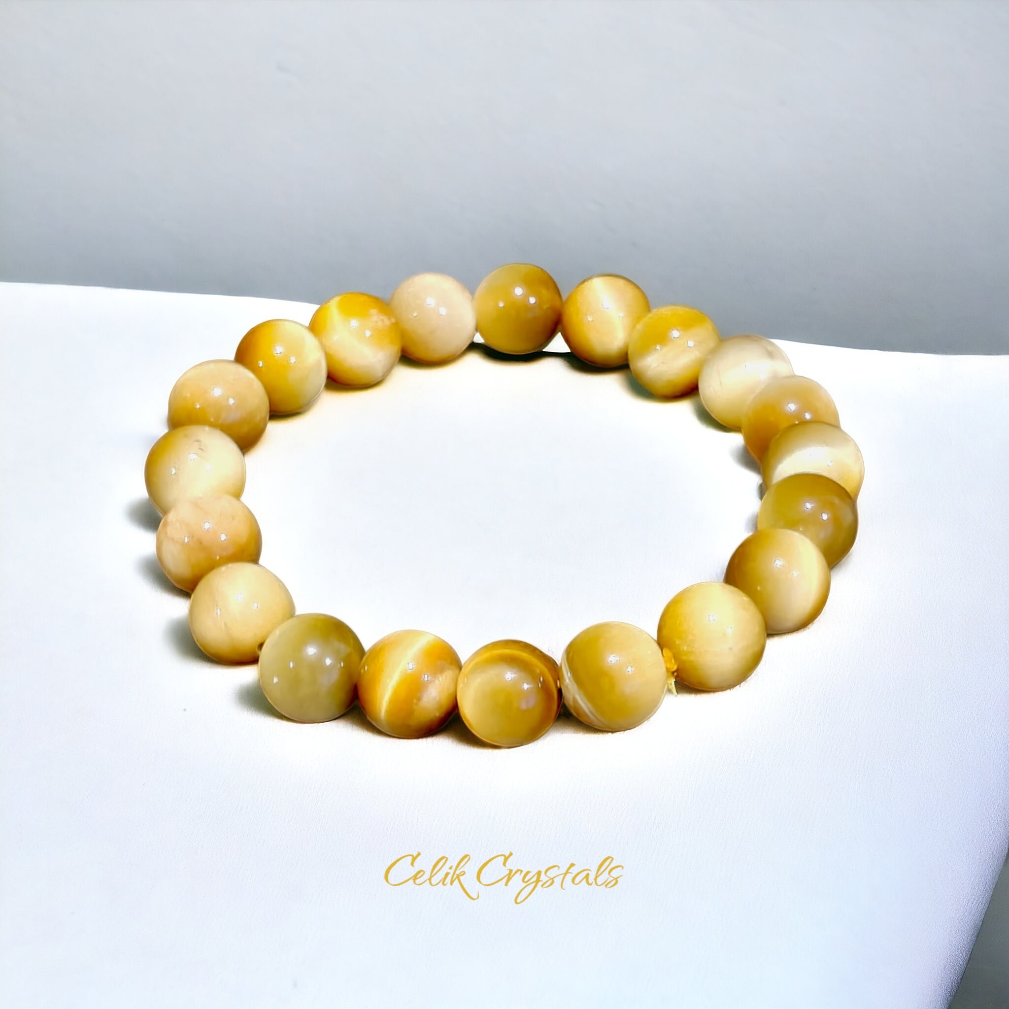 Yellow Tiger's Eye Bracelet Natural Stones Stretch Crystal Bead Bracelet 