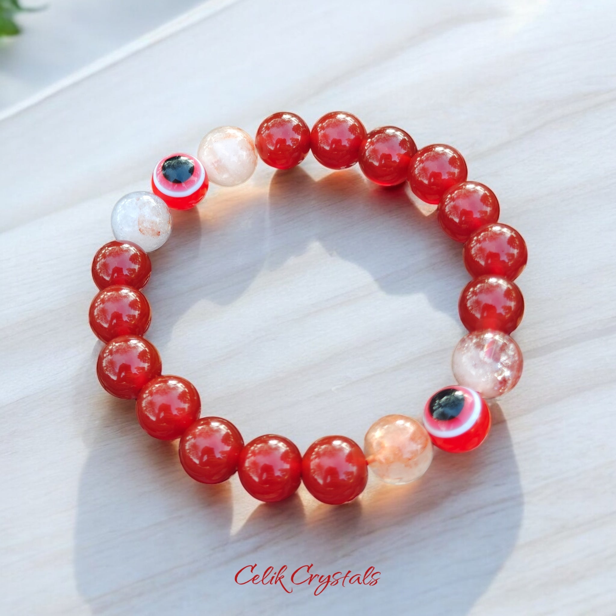 Red Evil Eye Bracelet Handmade 10mm Beads Carnelian and Fire Quartz Stretches 