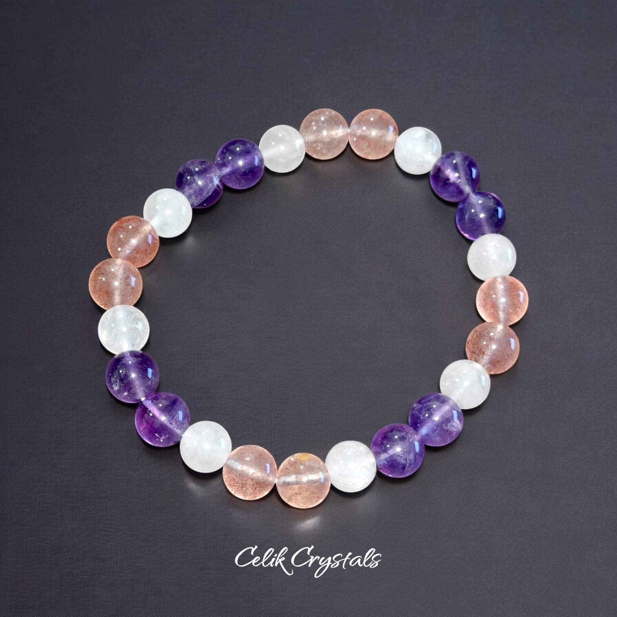 Purple Amethyst, Strawberry Quartz, White Quartz Bracelet Natural Stones 8mm Stretches 