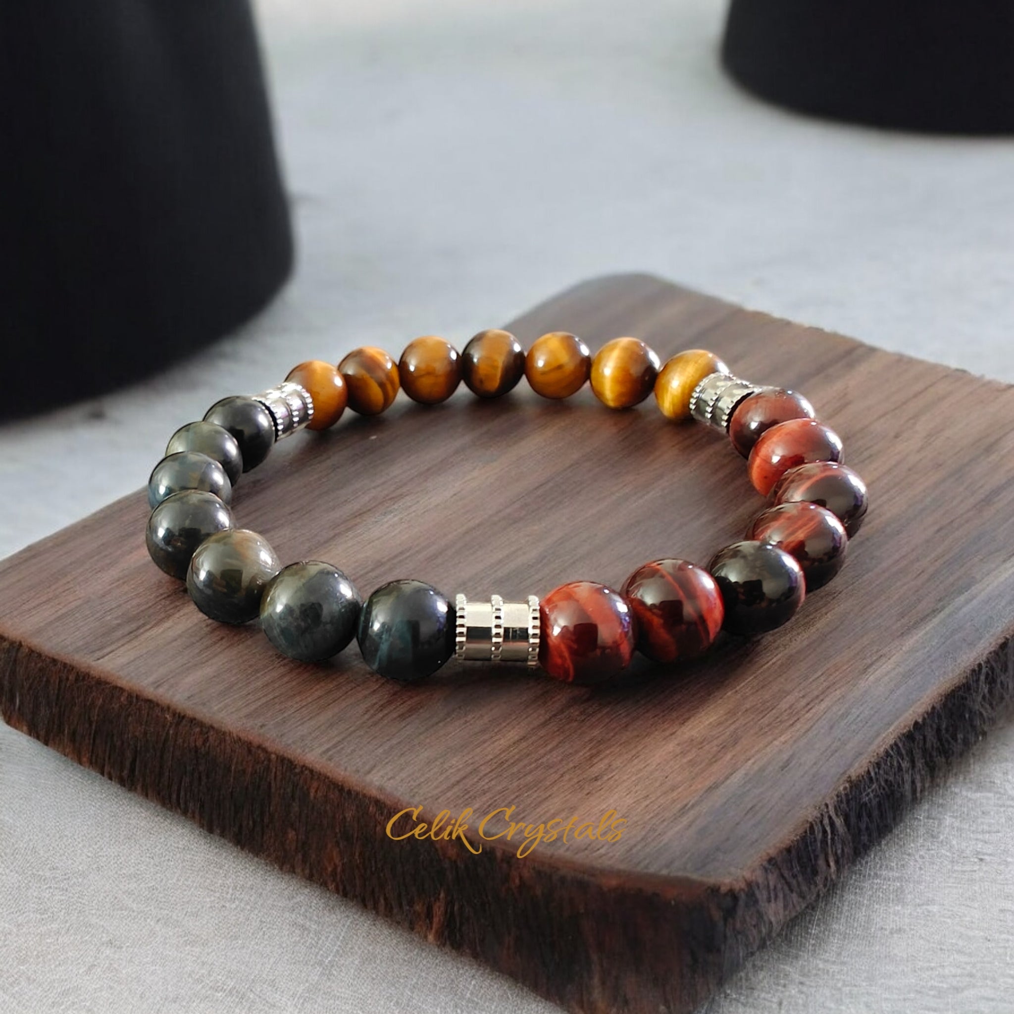 Tiger Eye Bracelet with Red, Blue And Golden Colors Natural Stones with Silver Stainless Steel Spacers Stretches Unisex Healing Bracelet 8mm Beads 