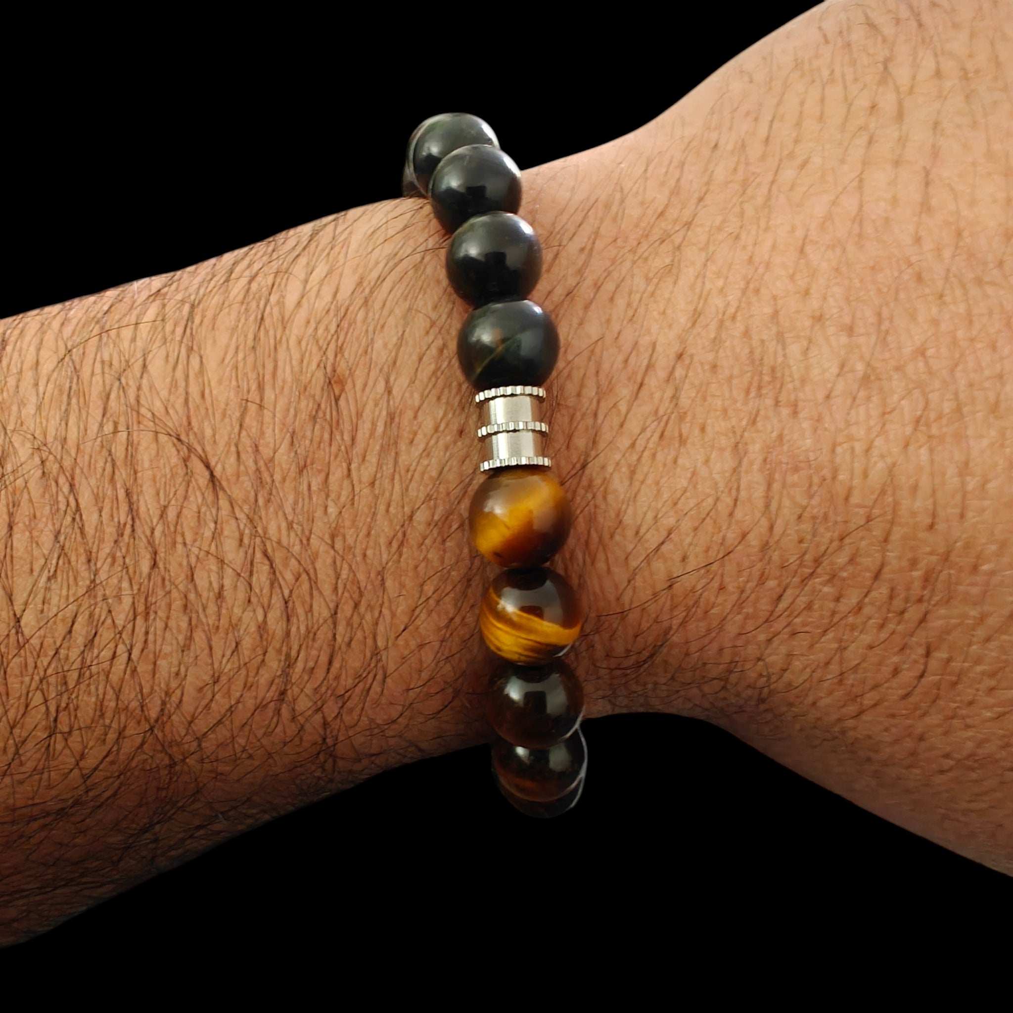 Tiger Eye Bracelet with Red, Blue And Golden Colors Natural Stones with Silver Stainless Steel Spacers Stretches Unisex Healing Bracelet 8mm Beads 