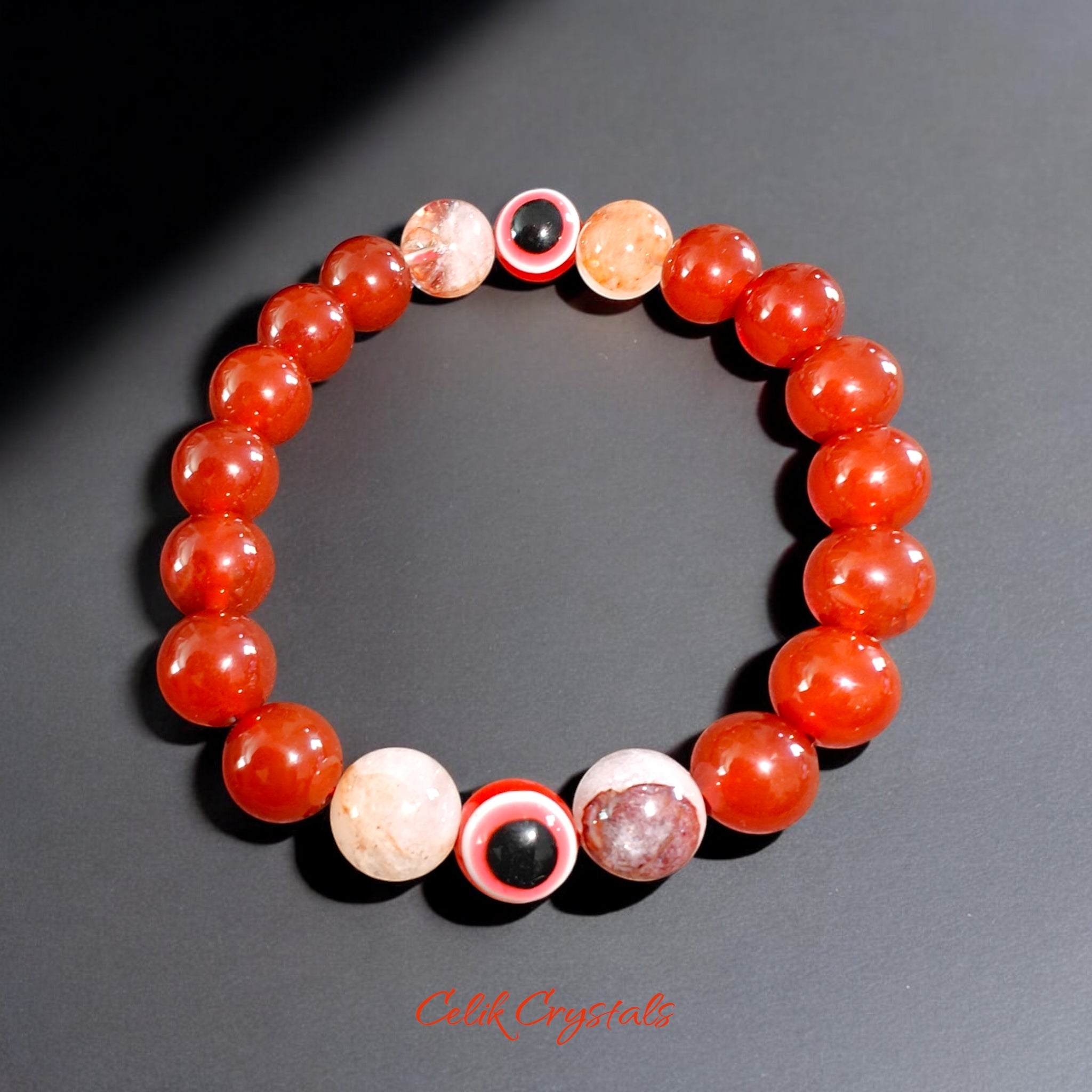 Red Evil Eye Bracelet Handmade 10mm Beads Carnelian and Fire Quartz Stretches 