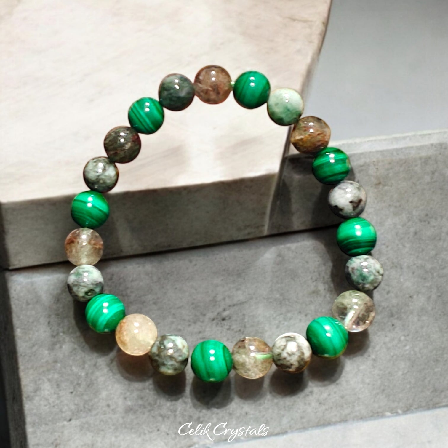 Malachite Bracelet with Green Pyrite and Garden Quartz 8mm Unisex Natural Stones Handmade Stretch Bead Bracelet 