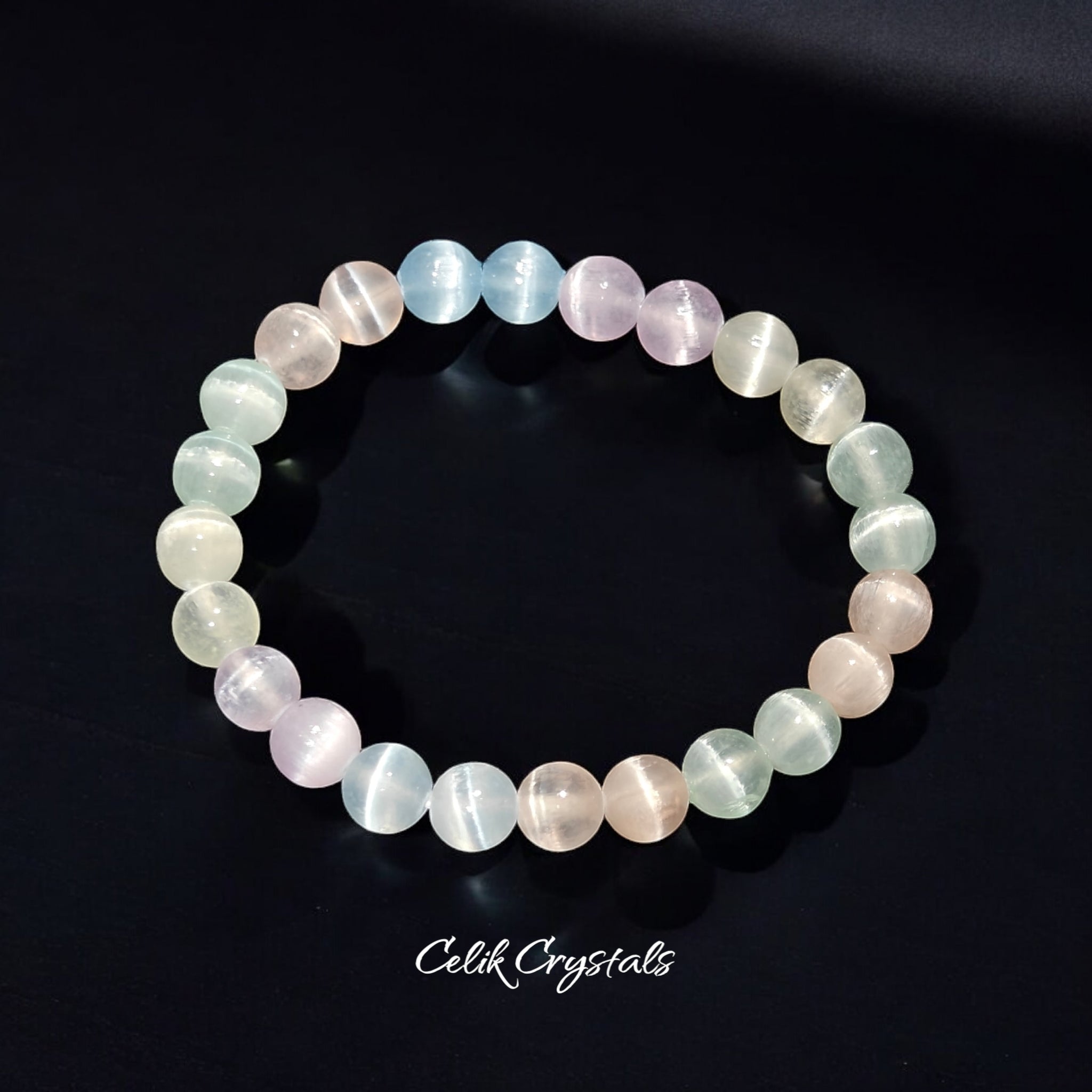 Selenite Bracelet Multi Color 8mm Stretch Beads 