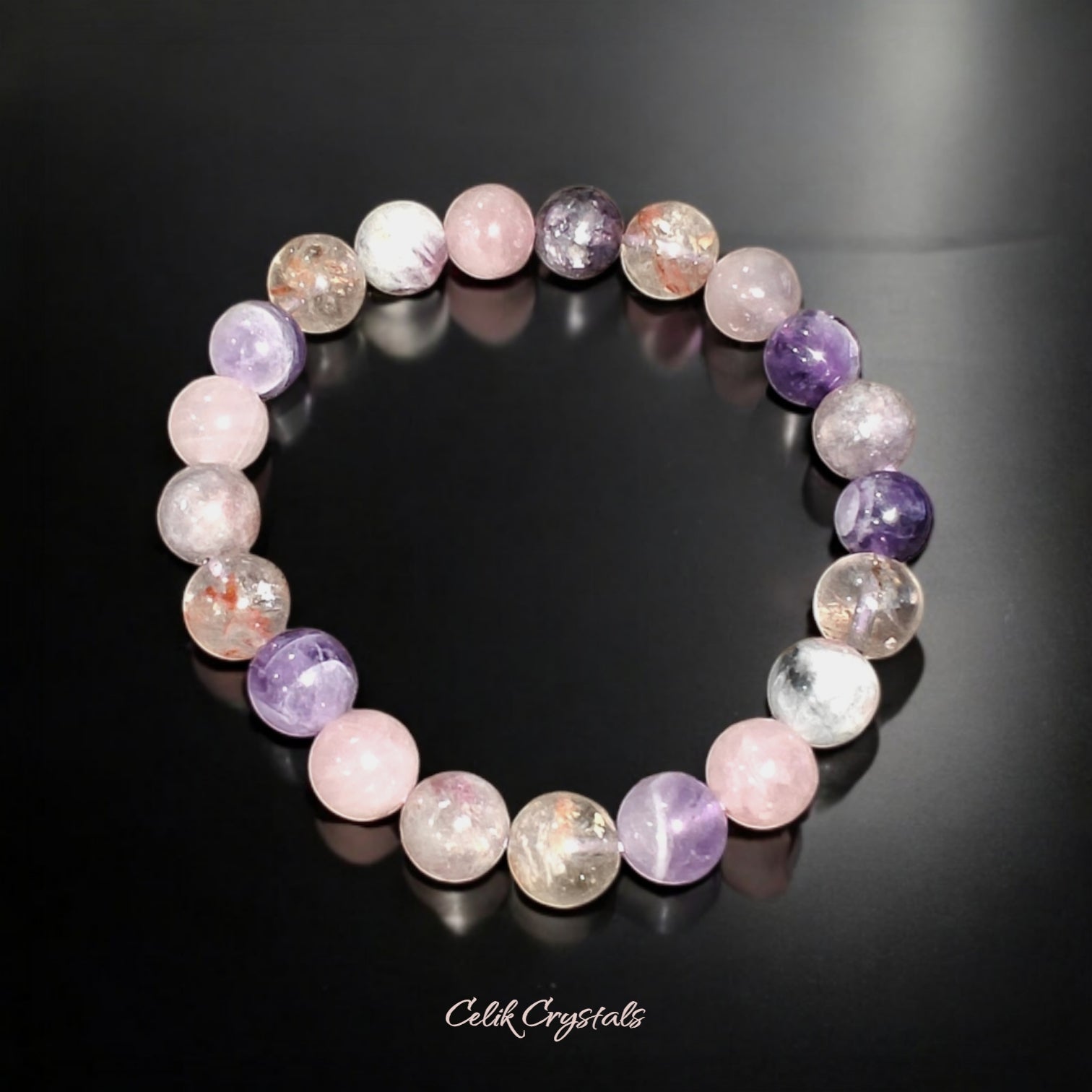 Amethyst and Quartz Purple Bracelet with natural stones 8mm beads