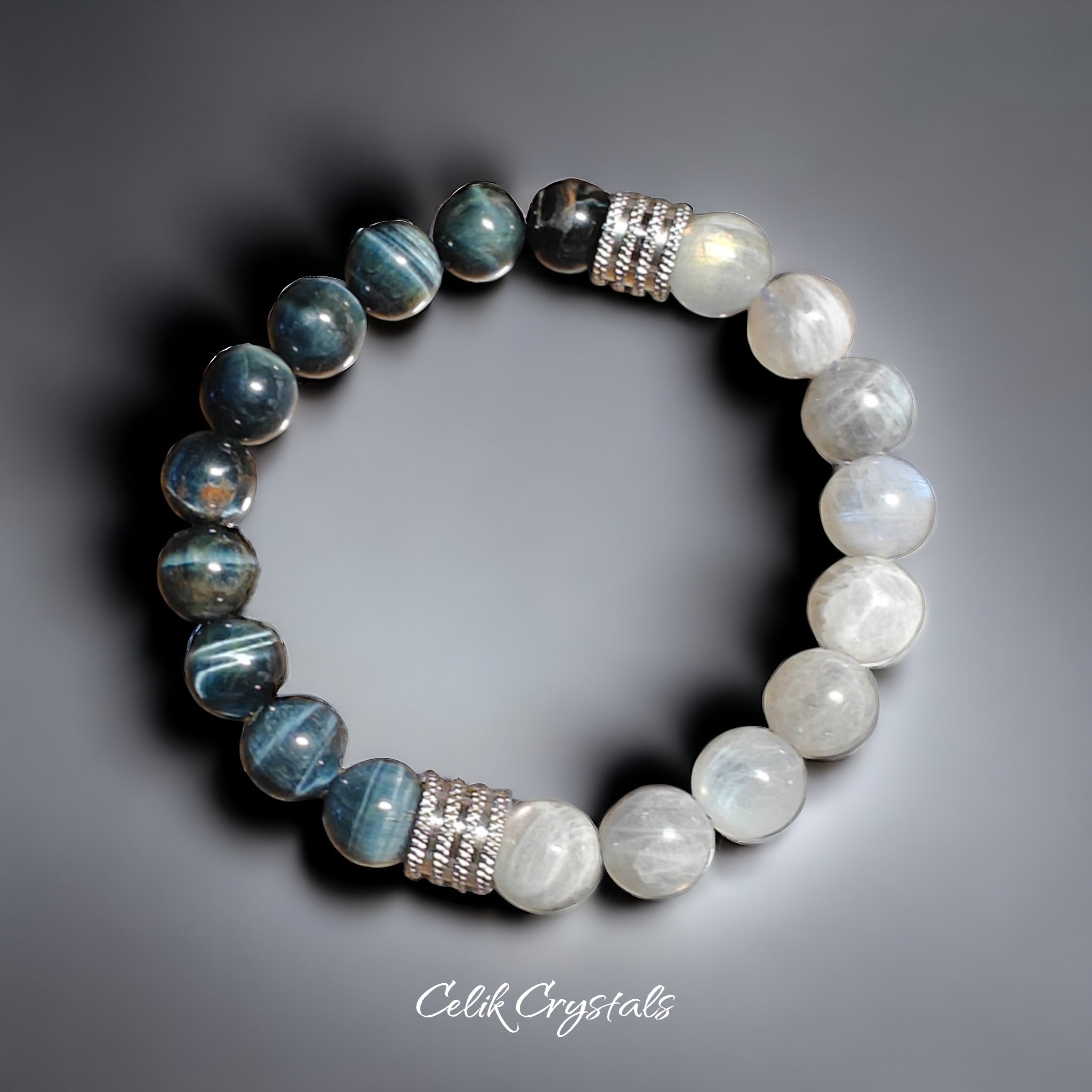 Men's AAA Blue Tiger Eye Bracelet with Gray Labradorite 10mm