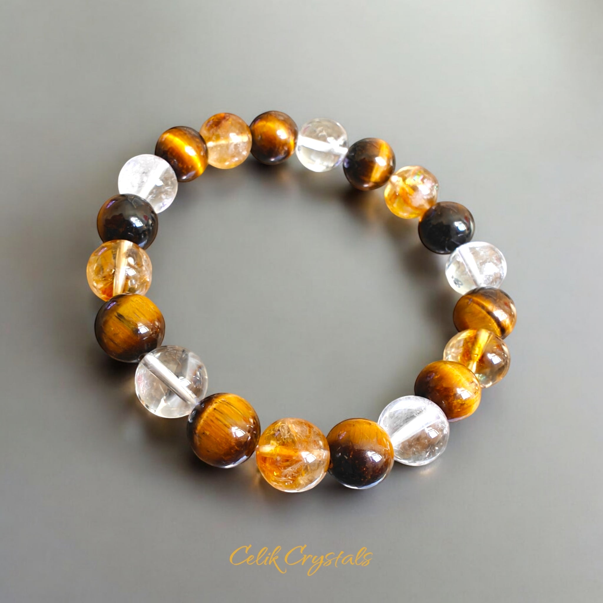 Citrine, Tiger Eye, Clear Quartz Bracelet Unisex 10mm