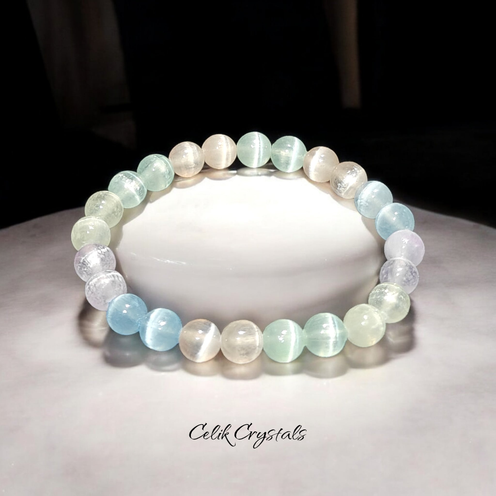 Selenite Bracelet Multi Color 8mm Stretch Beads 