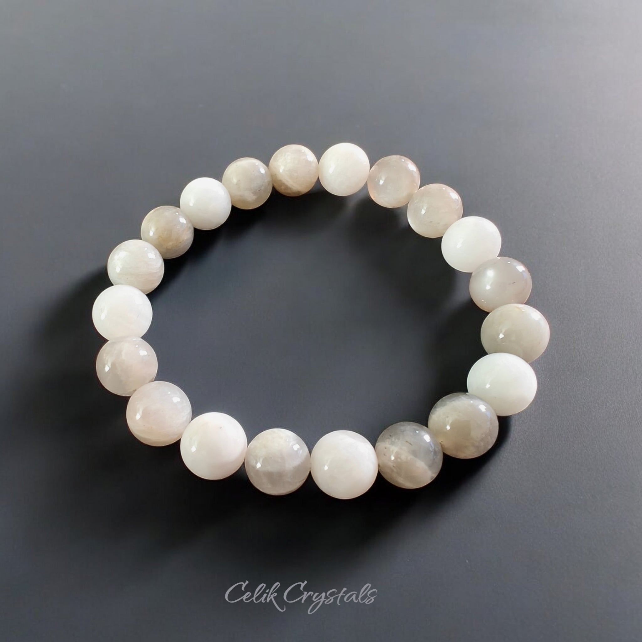 Moonstone Bracelet 10mm Gray and White Color Natural Stones 