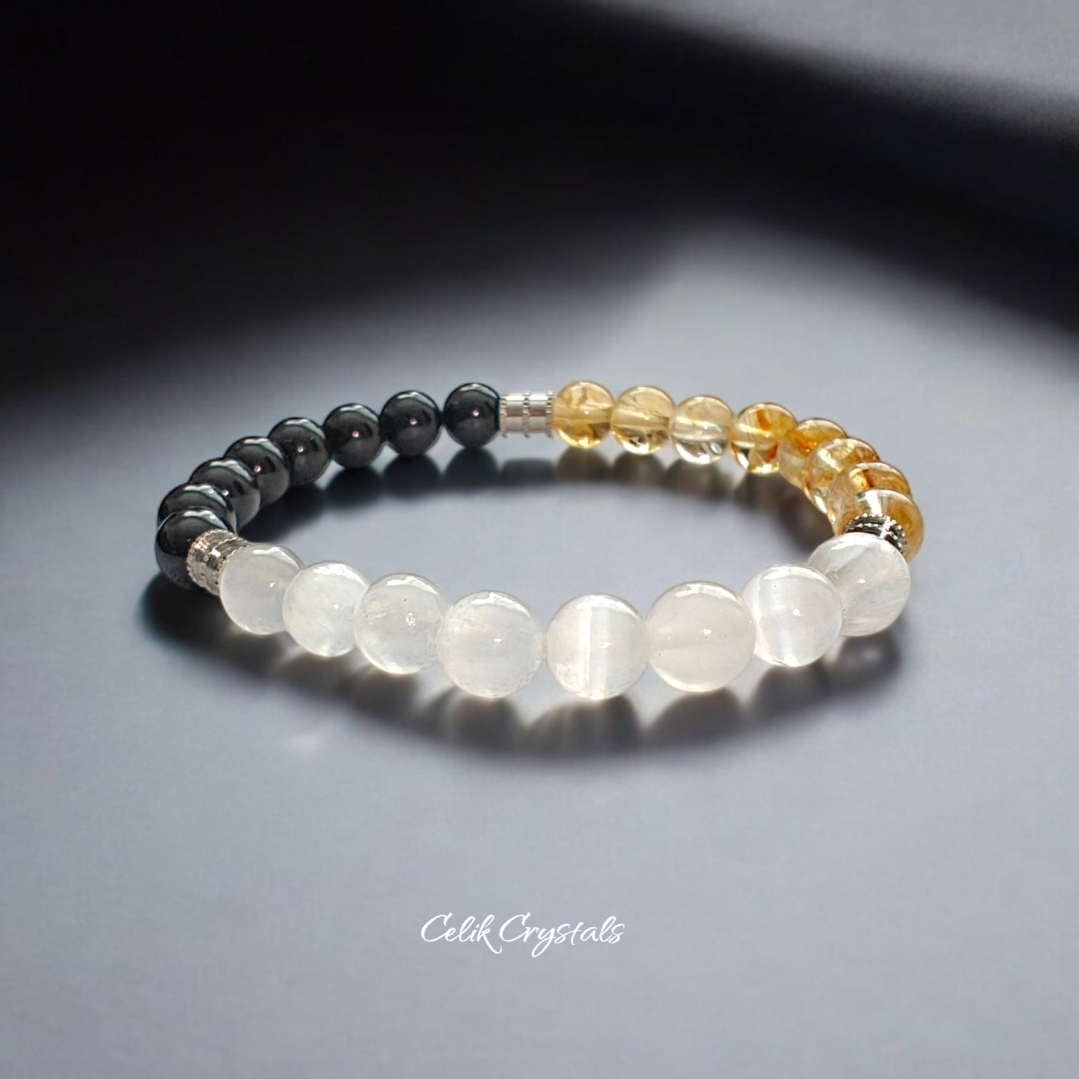 Selenite, Black Tourmaline and Citrine Bracelet with Stainless Steel Spacers 8mm Stretch Crystal Bead Bracelet 