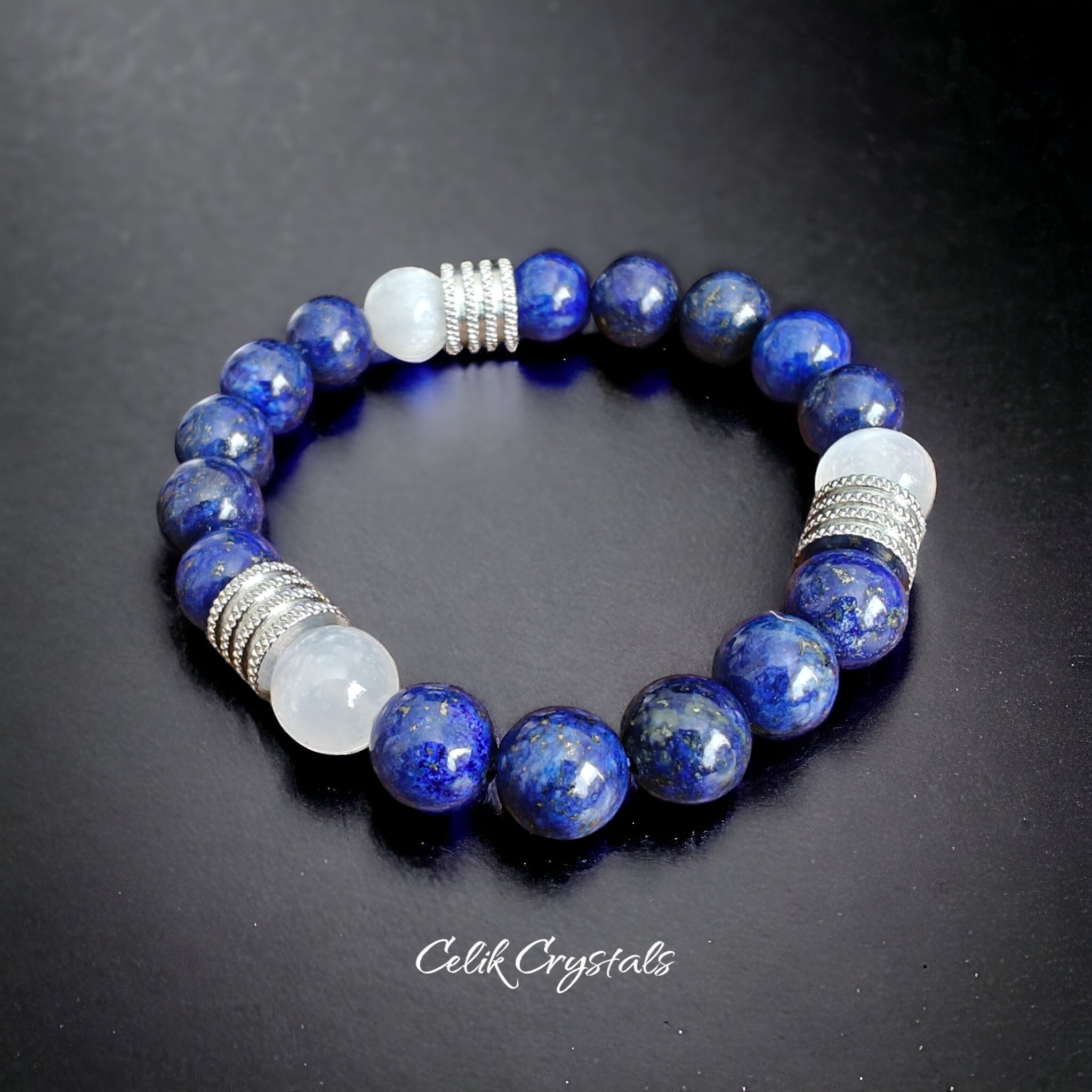 Lapis Lazuli and Selenite Bracelet 10mm Natural Stones Stretch Crystal Bracelet 