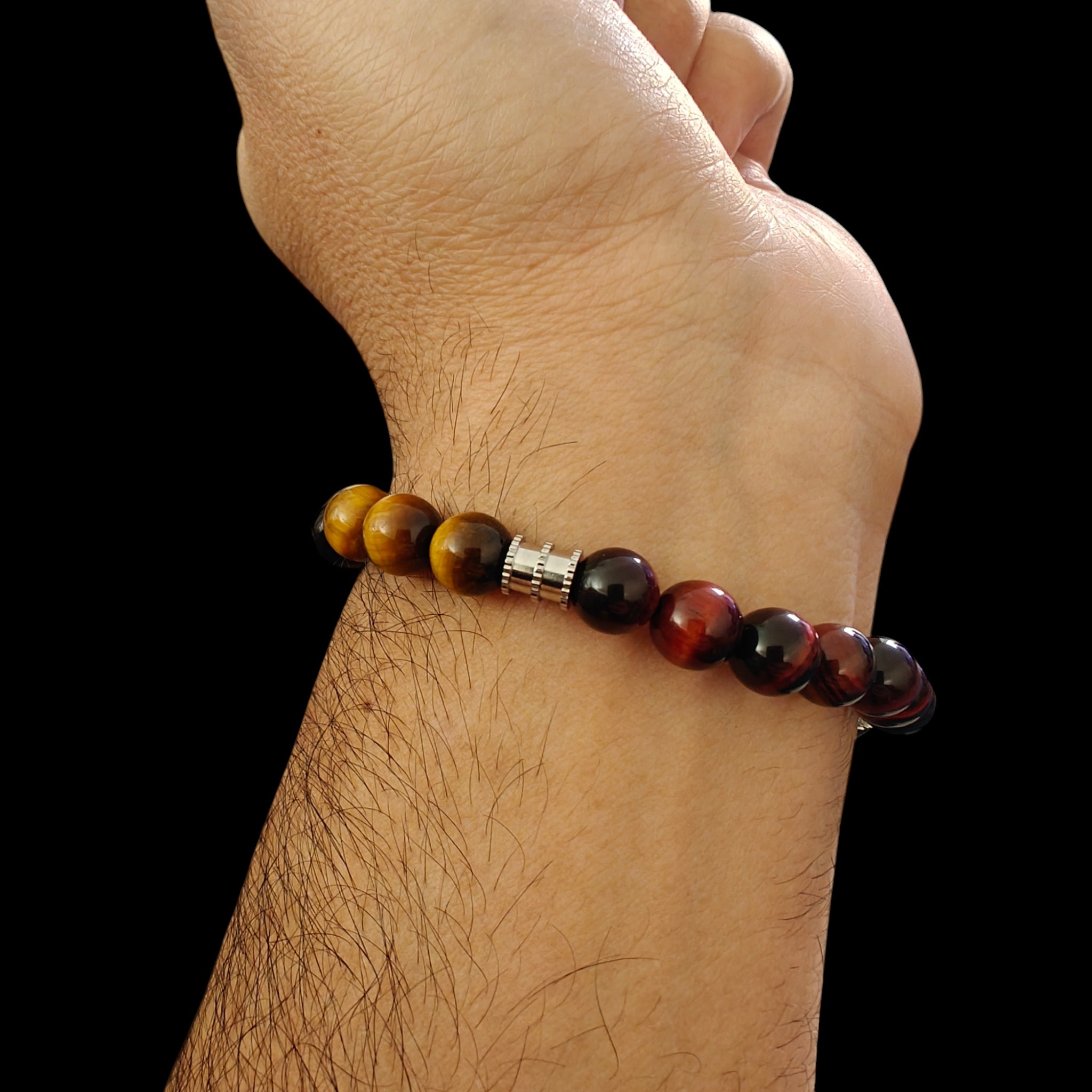 Tiger Eye Bracelet with Red, Blue And Golden Colors Natural Stones with Silver Stainless Steel Spacers Stretches Unisex Healing Bracelet 8mm Beads 