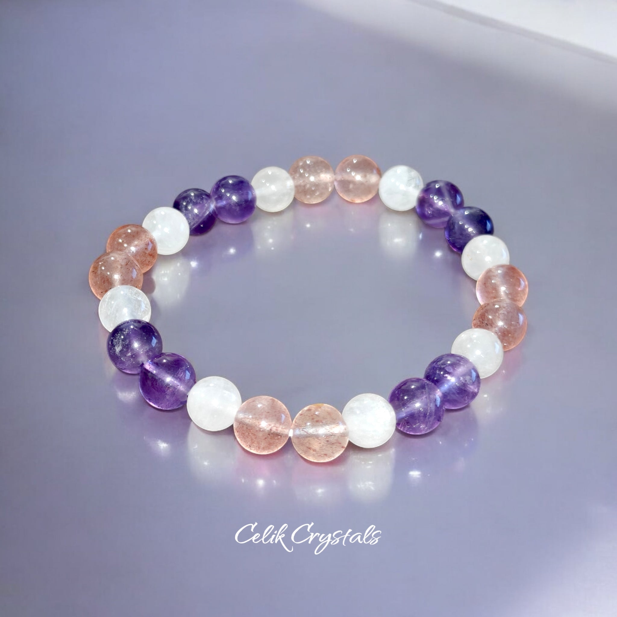 Purple Amethyst, Strawberry Quartz, White Quartz Bracelet Natural Stones 8mm Stretches 