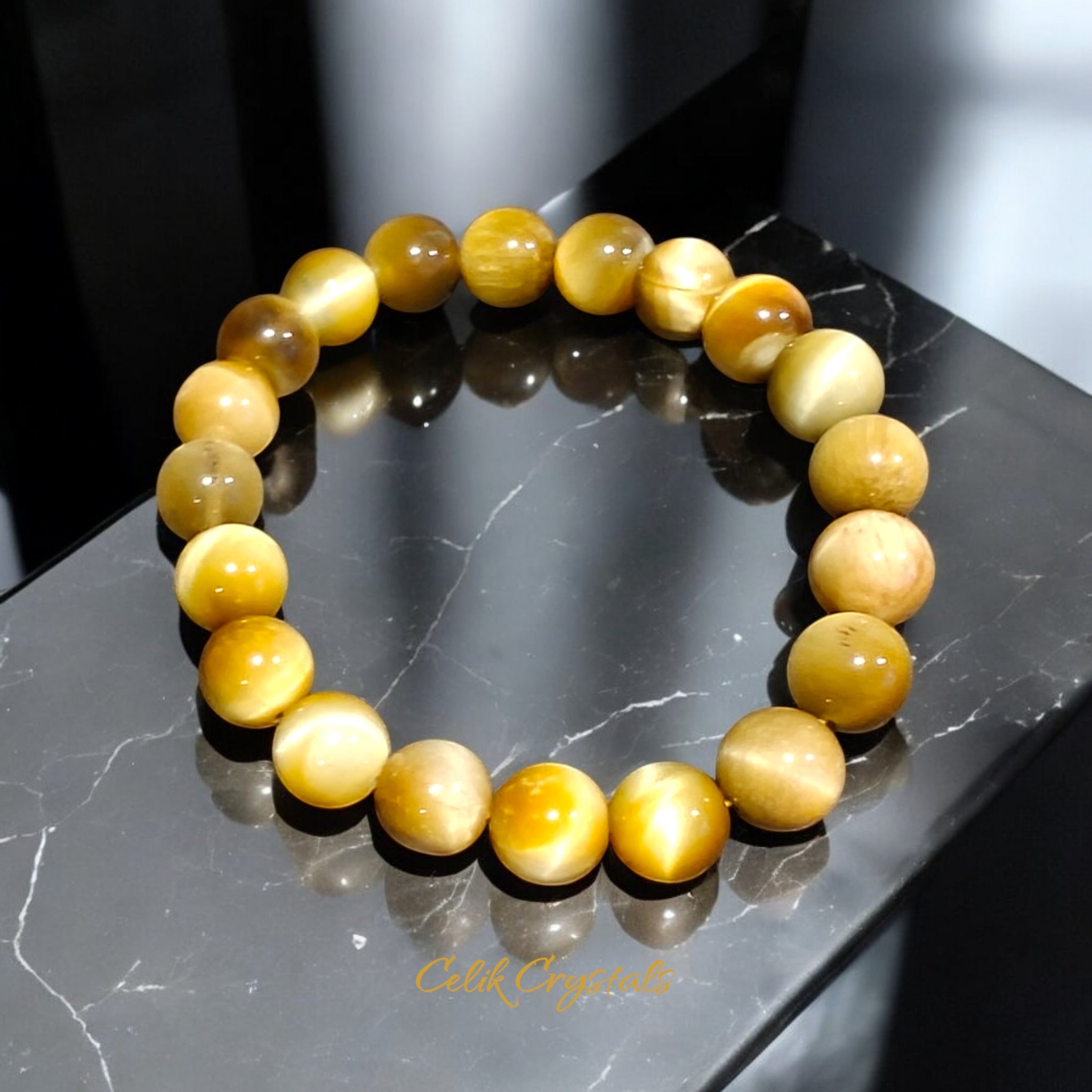 Yellow Tiger's Eye Bracelet Natural Stones Stretch Crystal Bead Bracelet 