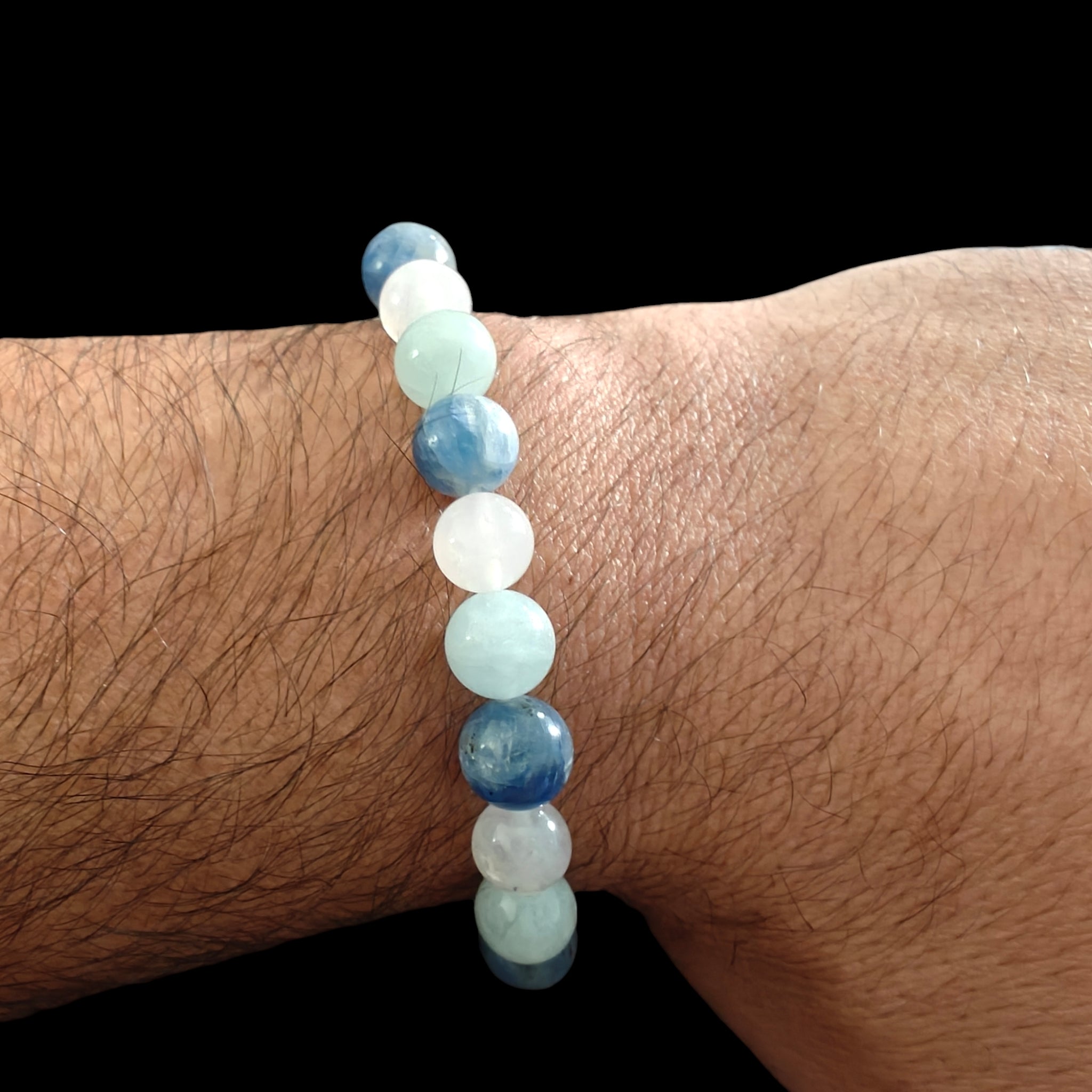 Kyanite Bracelet with Moonstone and Aquamarine natural crystals on a stretch 8mm Stretch Band 