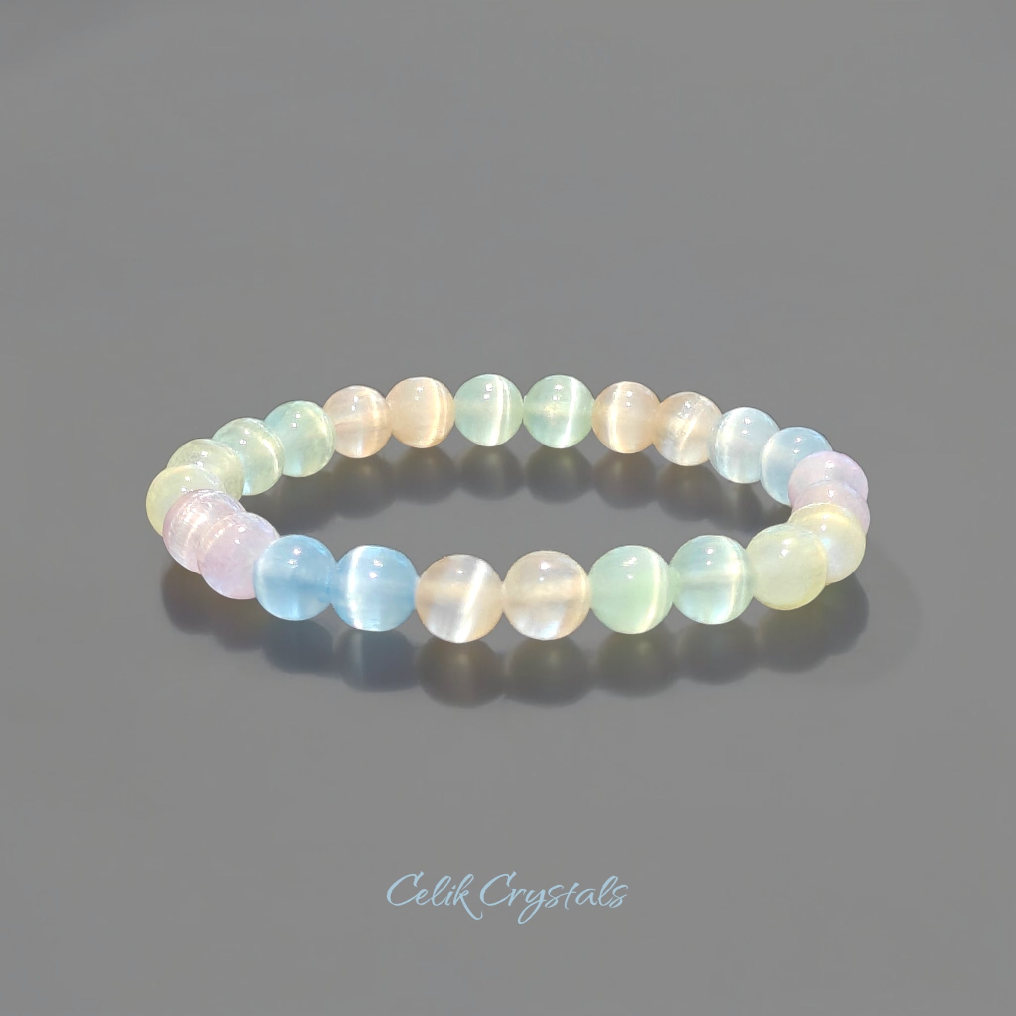 Selenite Bracelet Multi Color 8mm Stretch Beads 