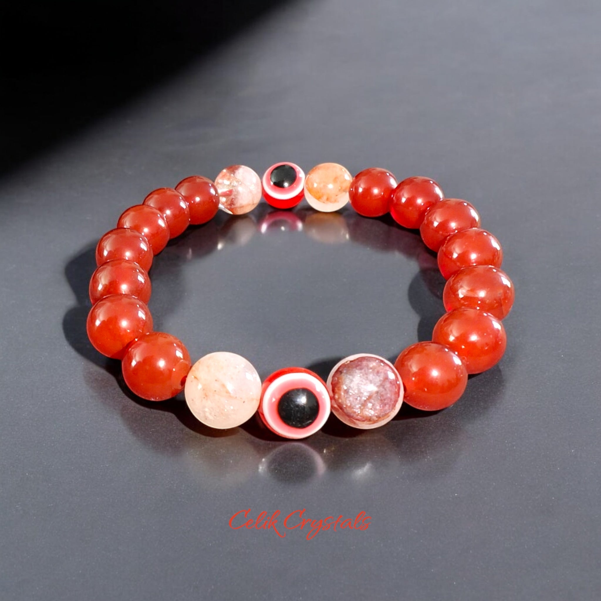 Red Evil Eye Bracelet Handmade 10mm Beads Carnelian and Fire Quartz Stretches 