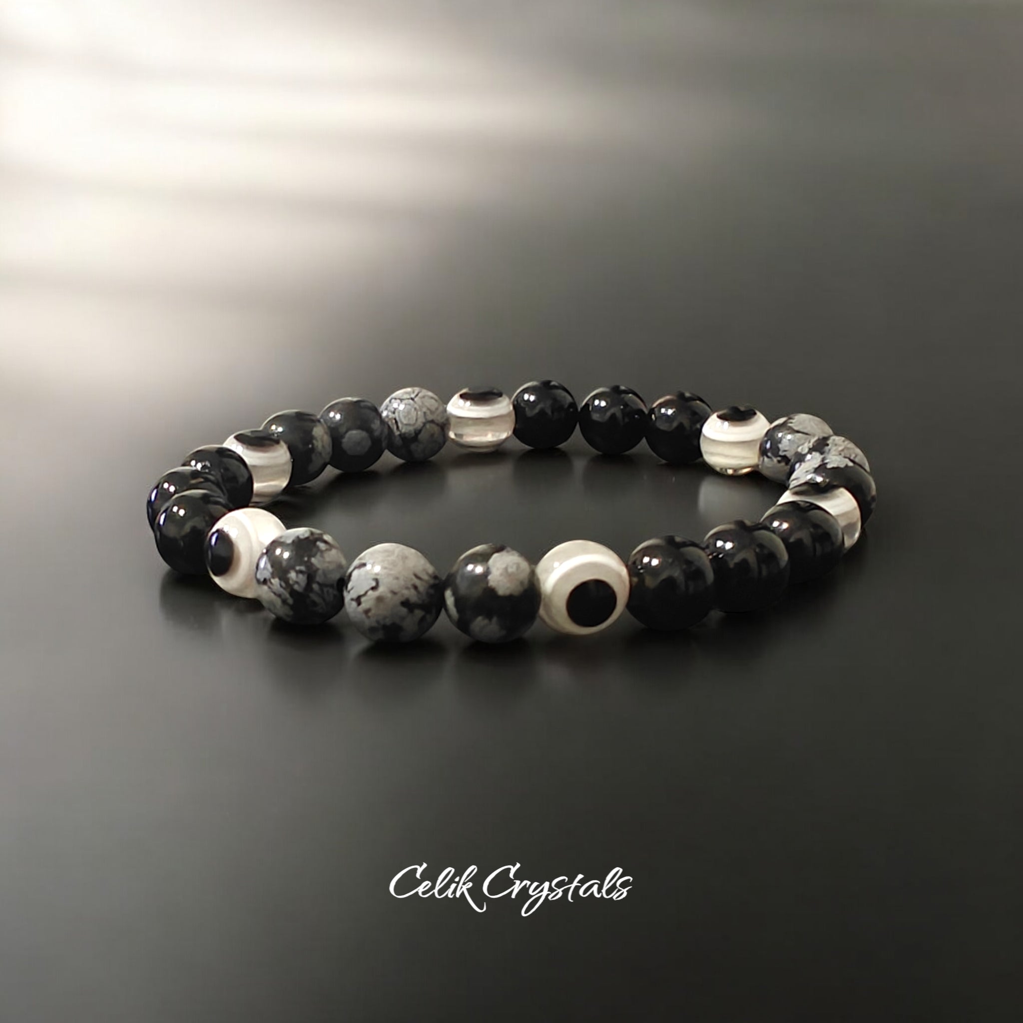 Evil Eye Bracelet with Silver Obsidian and Black Tourmaline 8mm Stretch Bracelet 