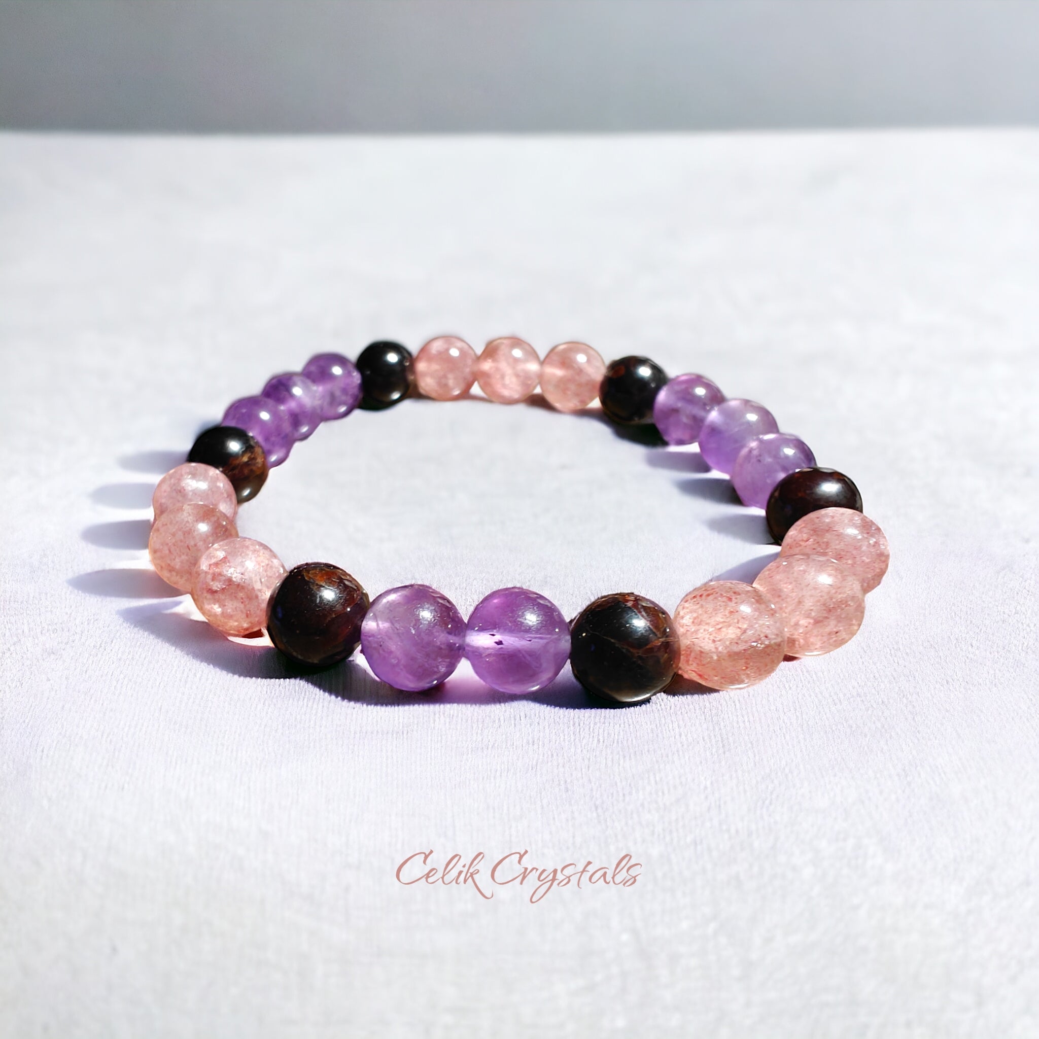 Amethyst, Strawberry Quartz, Garnet Bracelet 8mm