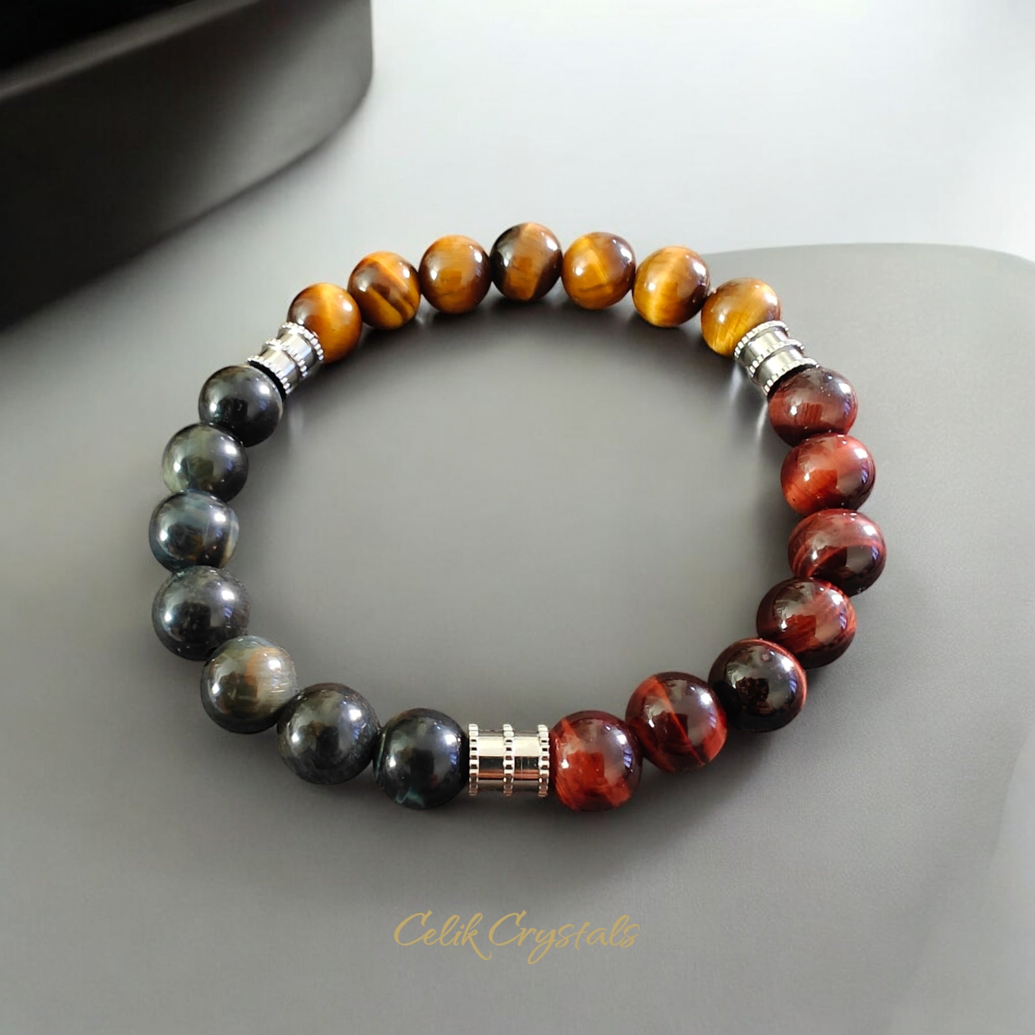 Tiger Eye Bracelet with Red, Blue And Golden Colors Natural Stones with Silver Stainless Steel Spacers Stretches Unisex Healing Bracelet 8mm Beads 