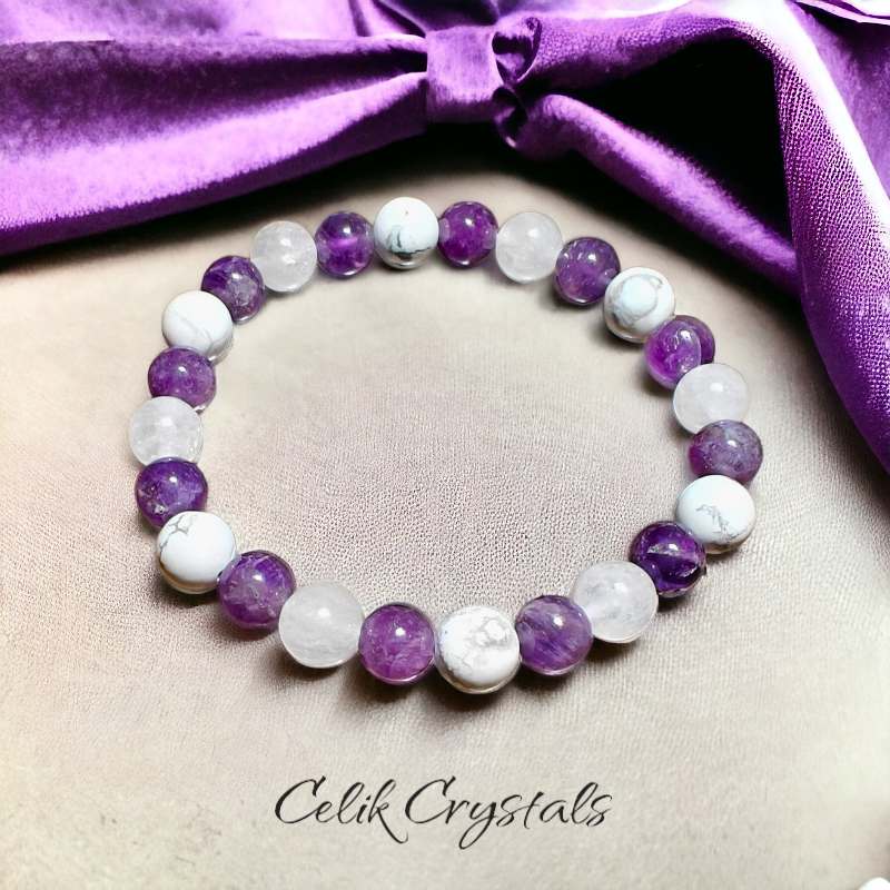 Amethyst / Selenite / Howlite Energy Healing Bracelet - 8 or 10mm Crystals