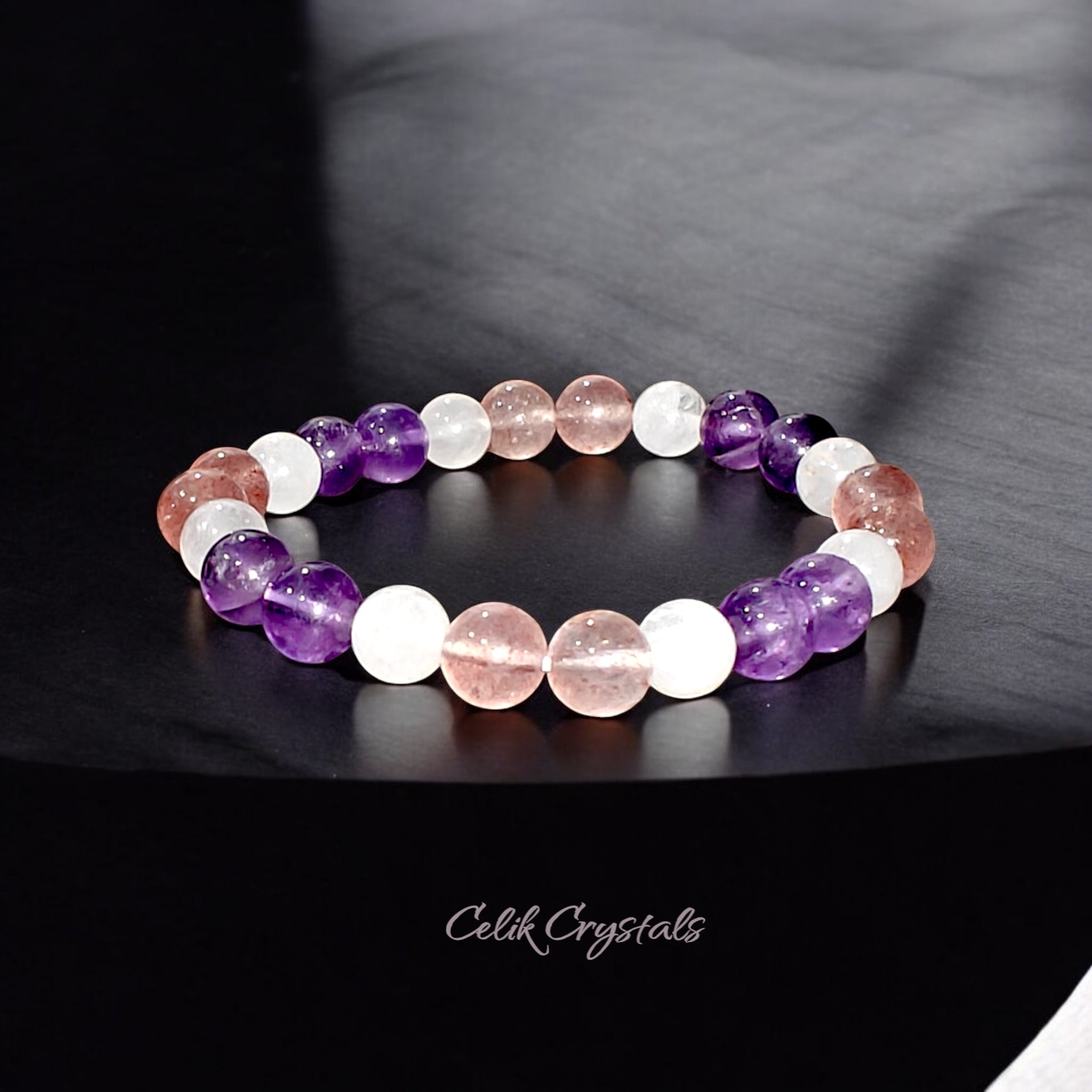 Purple Amethyst, Strawberry Quartz, White Quartz Bracelet Natural Stones 8mm Stretches 