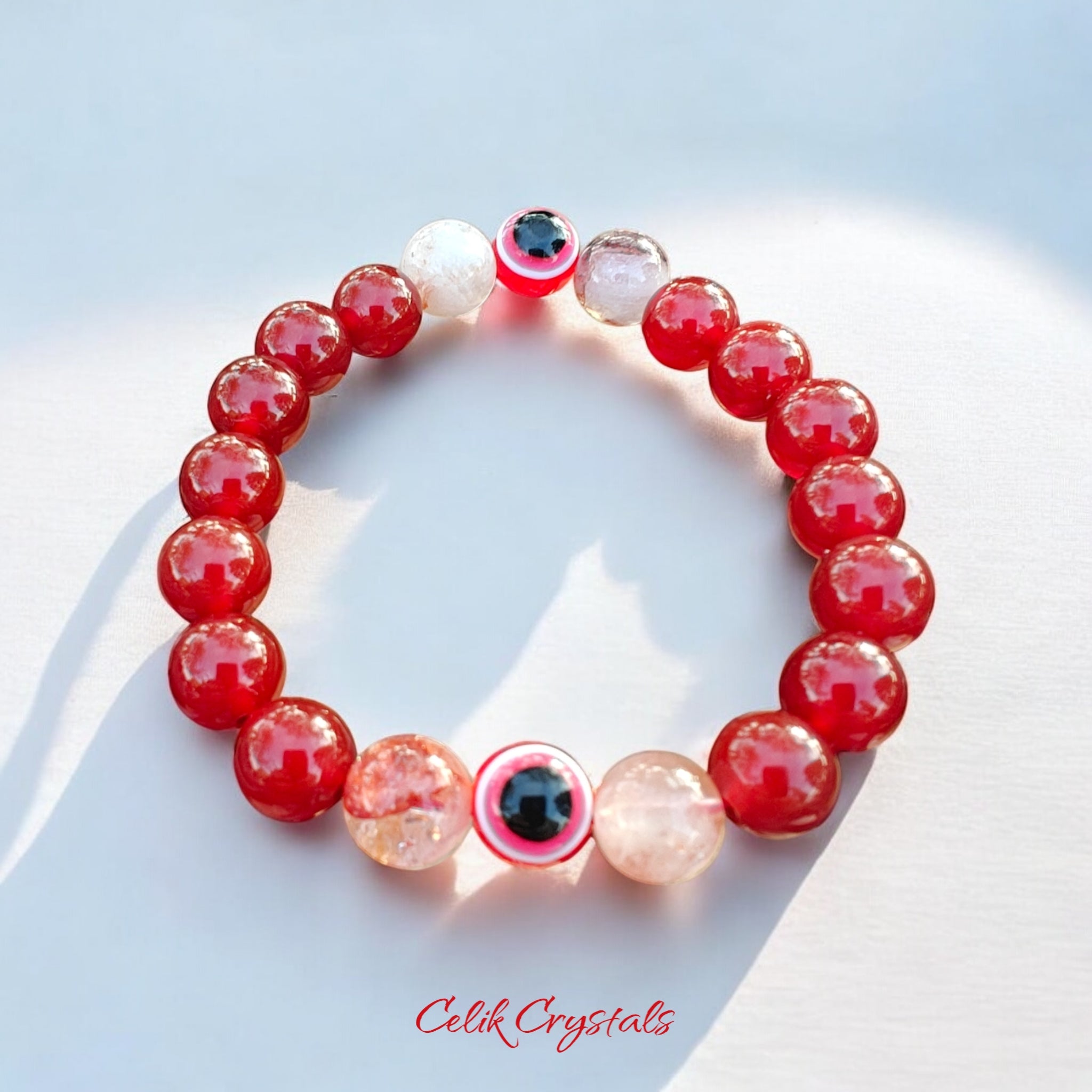 Red Evil Eye Bracelet Handmade 10mm Beads Carnelian and Fire Quartz Stretches 