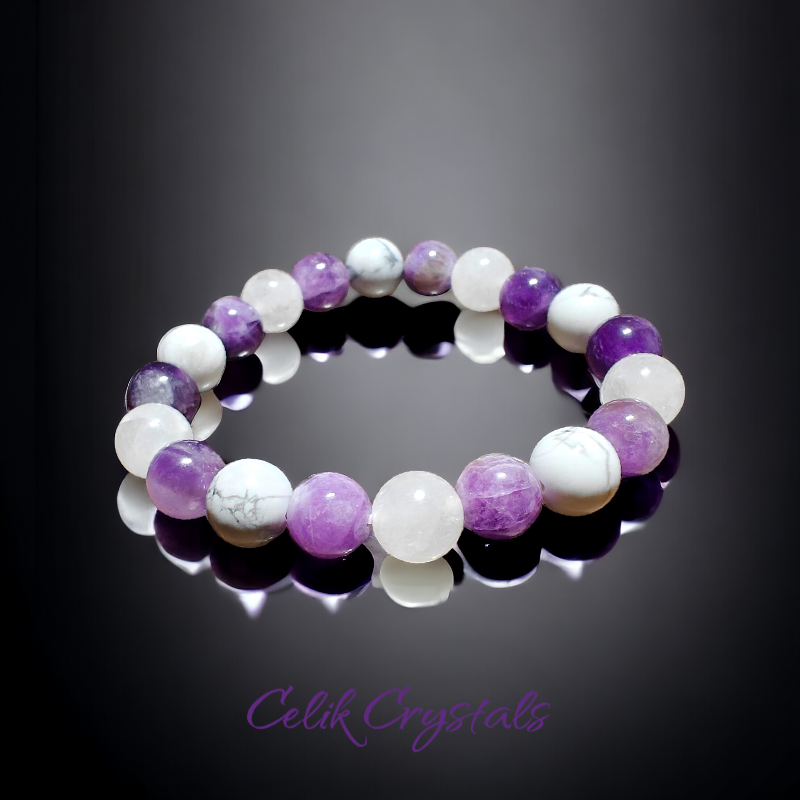 Amethyst / Selenite / Howlite Energy Healing Bracelet - 8 or 10mm Crystals