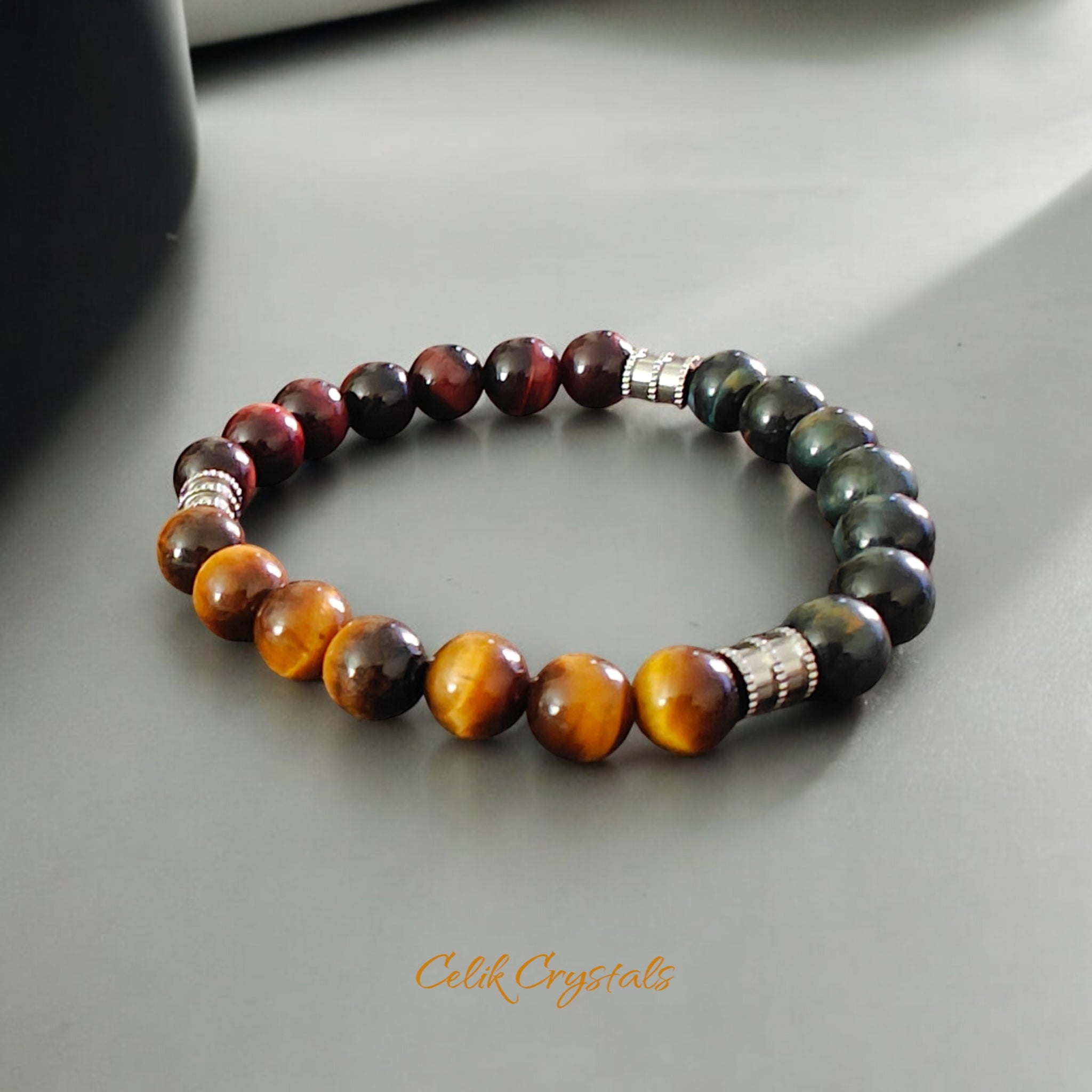 Tiger Eye Bracelet with Red, Blue And Golden Colors Natural Stones with Silver Stainless Steel Spacers Stretches Unisex Healing Bracelet 8mm Beads 