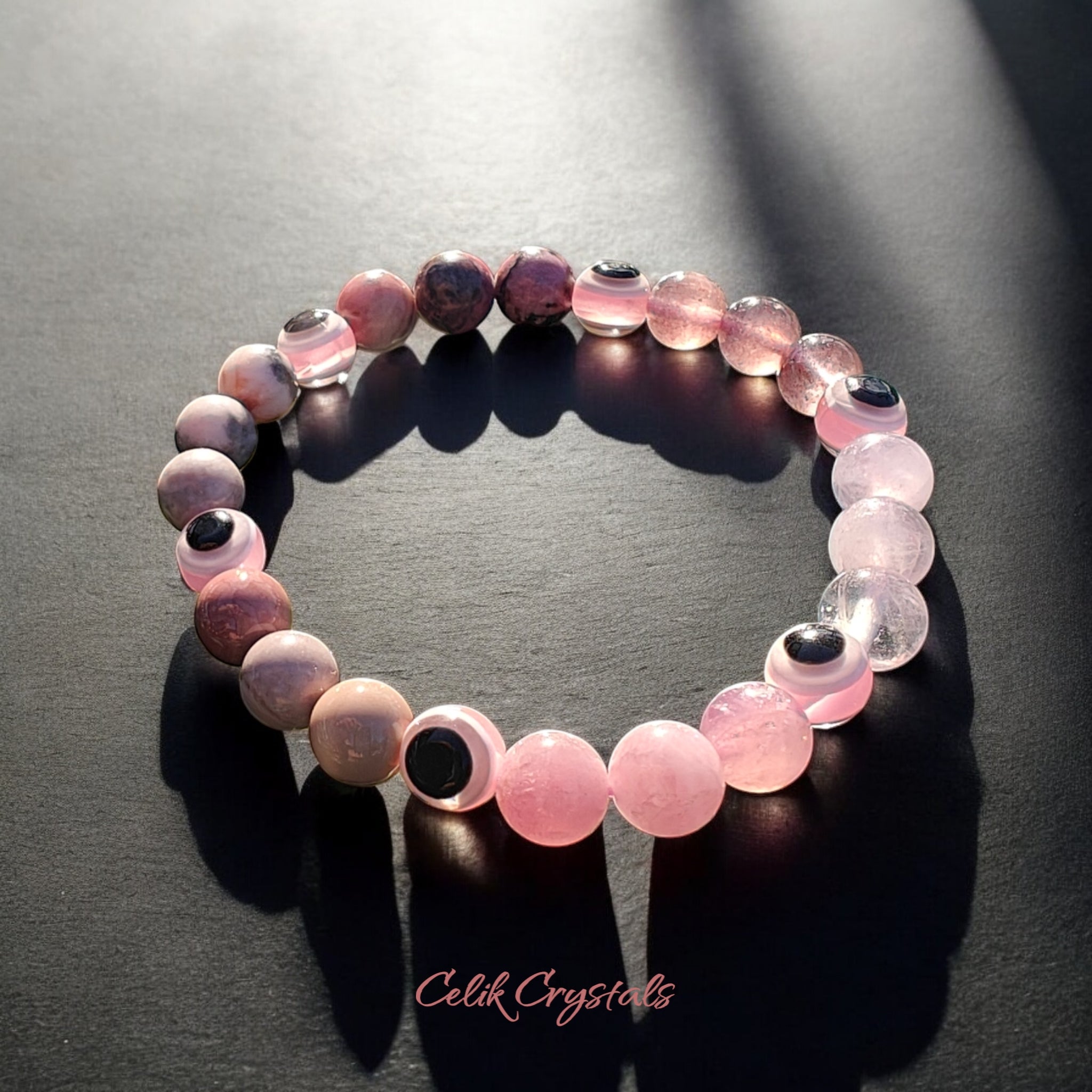 Pink Evil Eye Stretch Bead Bracelet 8mm
