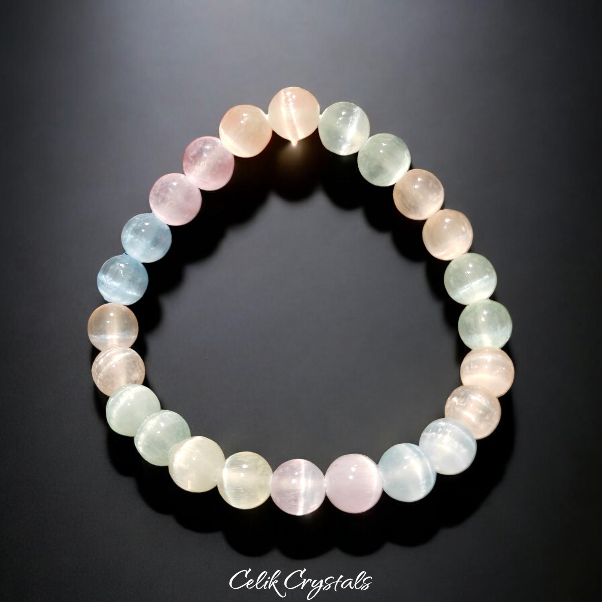 Selenite Bracelet Multi Color 8mm Stretch Beads 