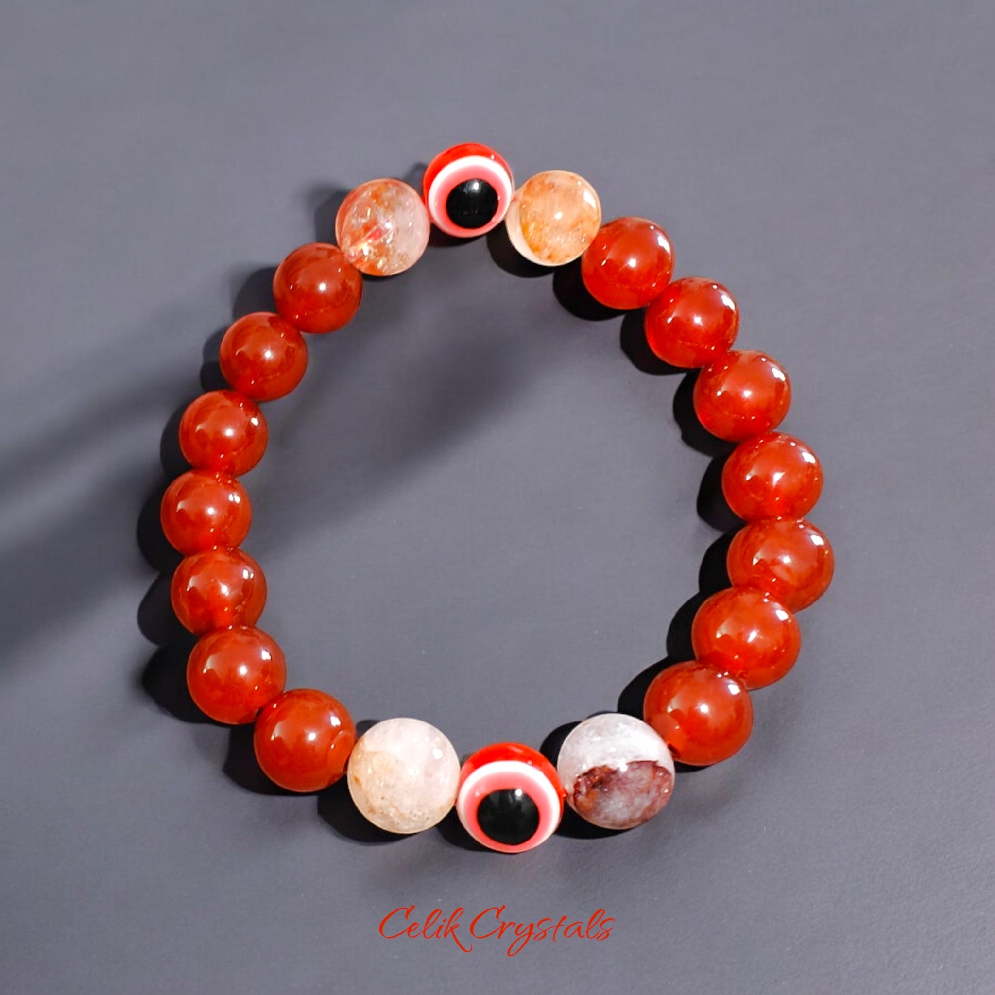 Red Evil Eye Bracelet Handmade 10mm Beads Carnelian and Fire Quartz Stretches 