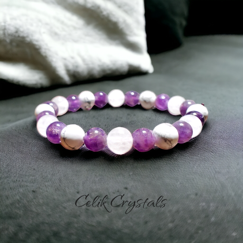 Amethyst / Selenite / Howlite Energy Healing Bracelet - 8 or 10mm Crystals